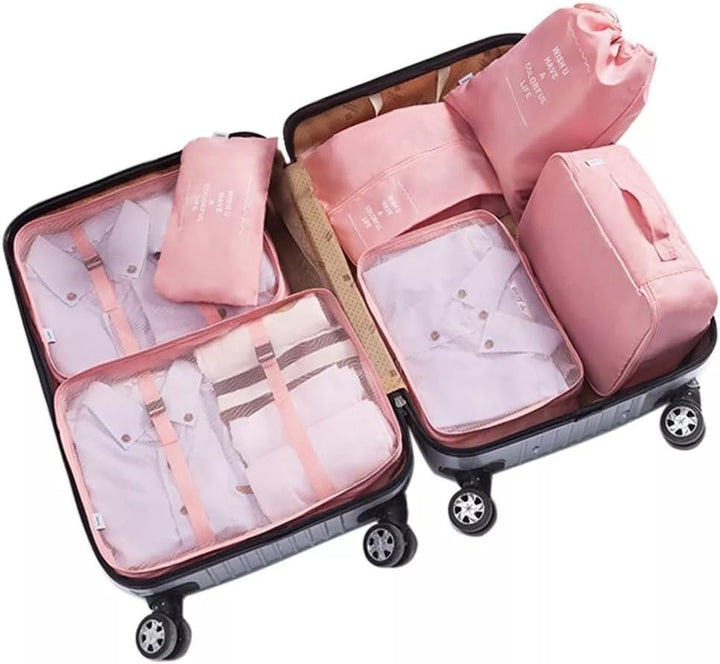 8-Piece Pink Travel Packing Cubes Set – Waterproof Luggage Organizers
