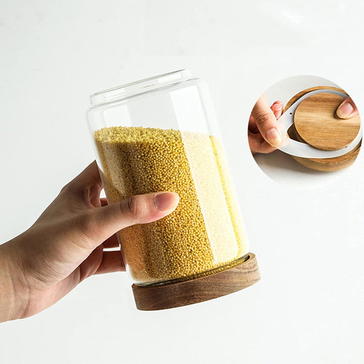Set of 3 Glass Food Storage Jars with Acacia Wood Lids & Preprinted Pantry Labels