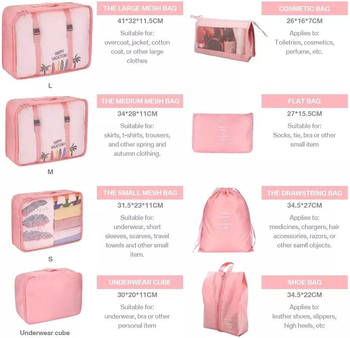 8-Piece Pink Travel Packing Cubes Set – Waterproof Luggage Organizers
