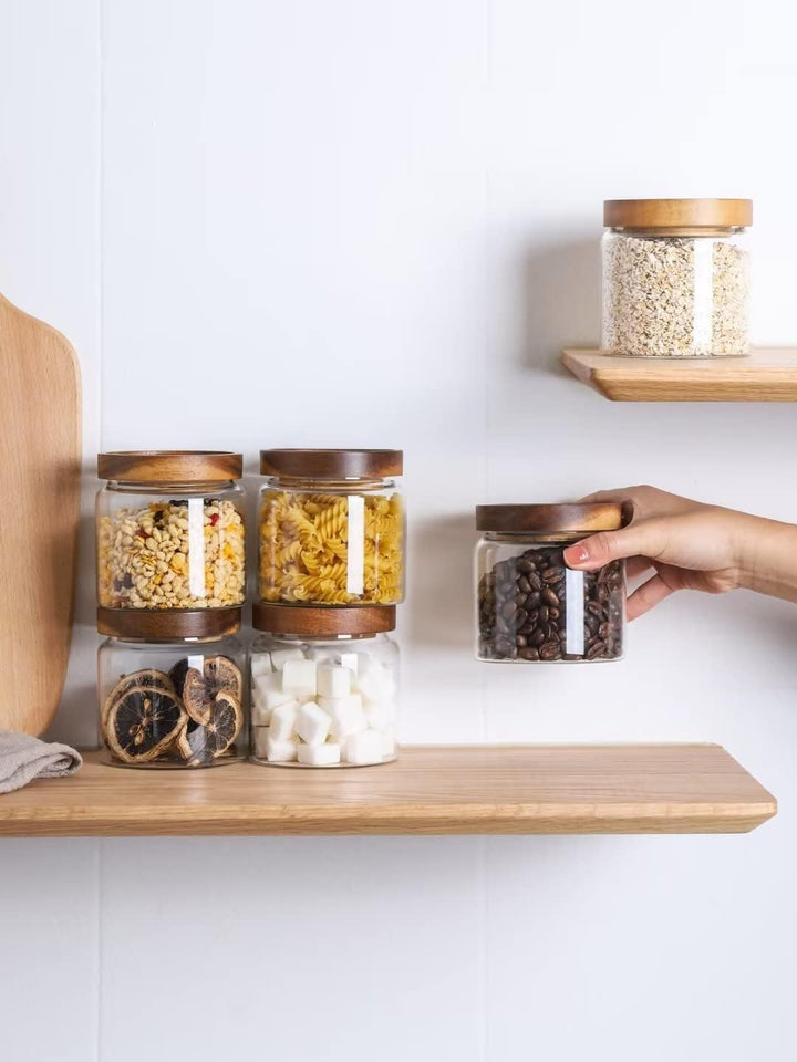 8-Pack 480ML Glass Food Storage Jars with Acacia Wood Lids & Preprinted Labels