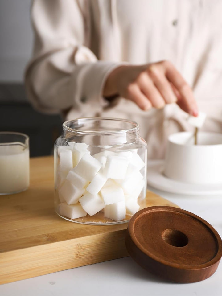 8-Pack 480ML Glass Food Storage Jars with Acacia Wood Lids & Preprinted Labels