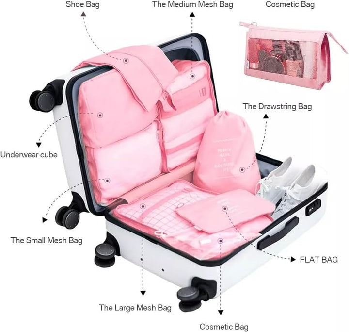 8-Piece Pink Travel Packing Cubes Set – Waterproof Luggage Organizers