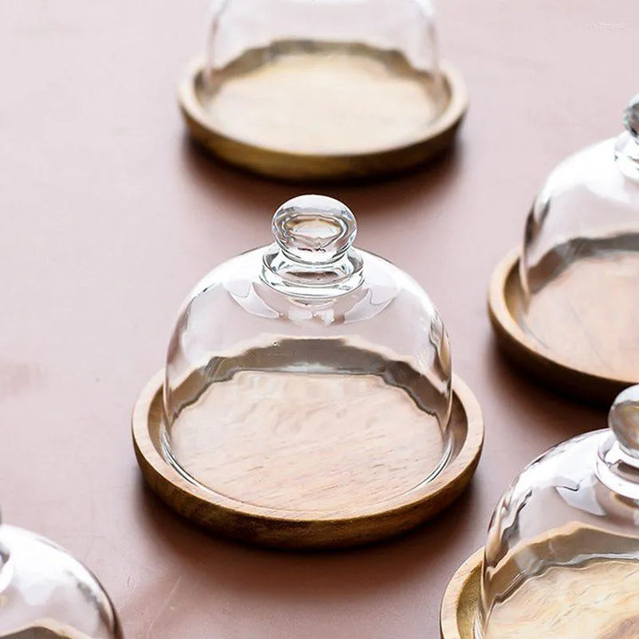 Acacia Wood Platter with Glass Dome – Wooden Base Serving Tray