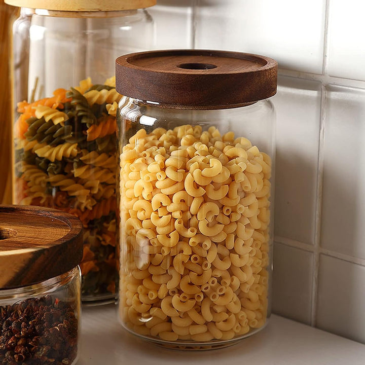 Set of 3 Glass Food Storage Jars with Acacia Wood Lids & Preprinted Pantry Labels