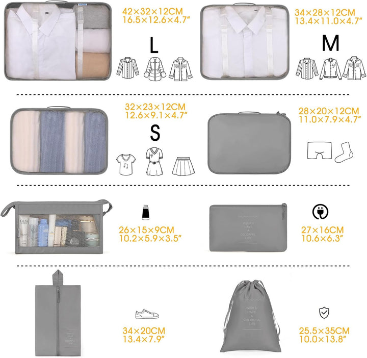 8-Piece  Grey Travel Packing Cubes Set – Waterproof Luggage Organizers