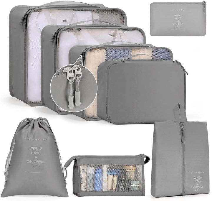 8-Piece  Grey Travel Packing Cubes Set – Waterproof Luggage Organizers