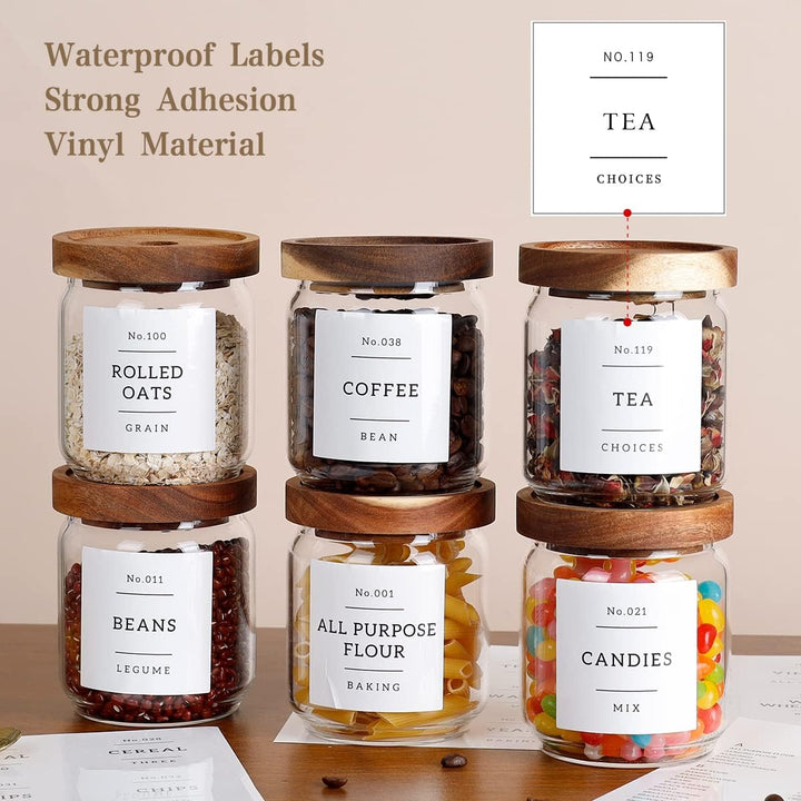 8-Pack 480ML Glass Food Storage Jars with Acacia Wood Lids & Preprinted Labels