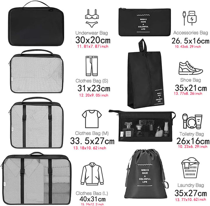 8-Piece black Travel Packing Cubes Set – Waterproof Luggage Organizers