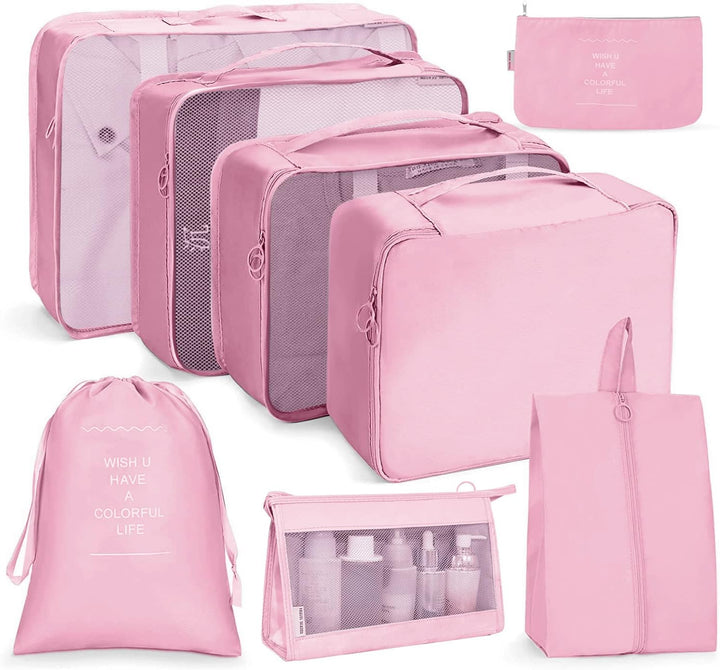 8-Piece Pink Travel Packing Cubes Set – Waterproof Luggage Organizers