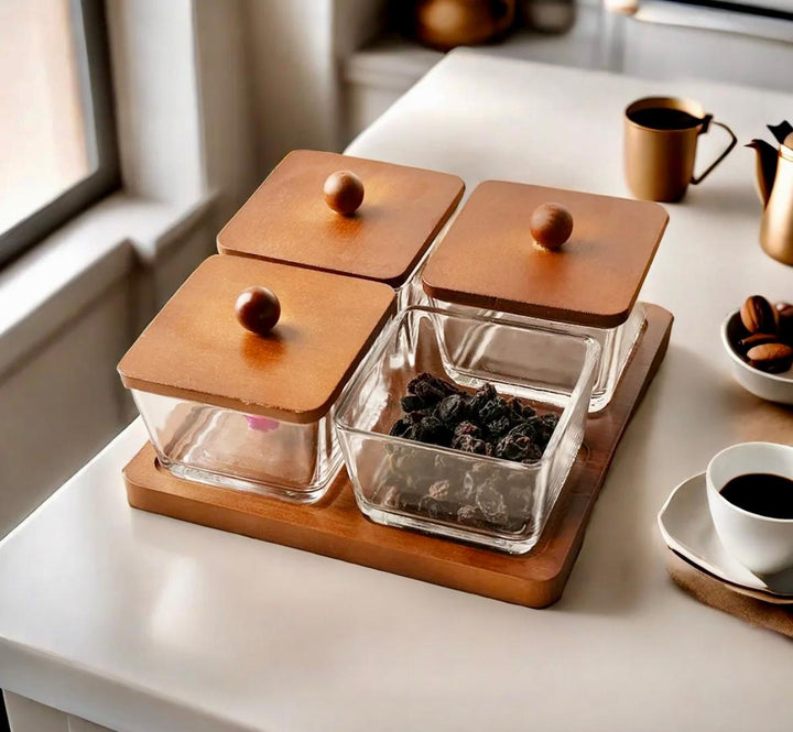 Billa 4 pc condiment set with wooden tray and lid