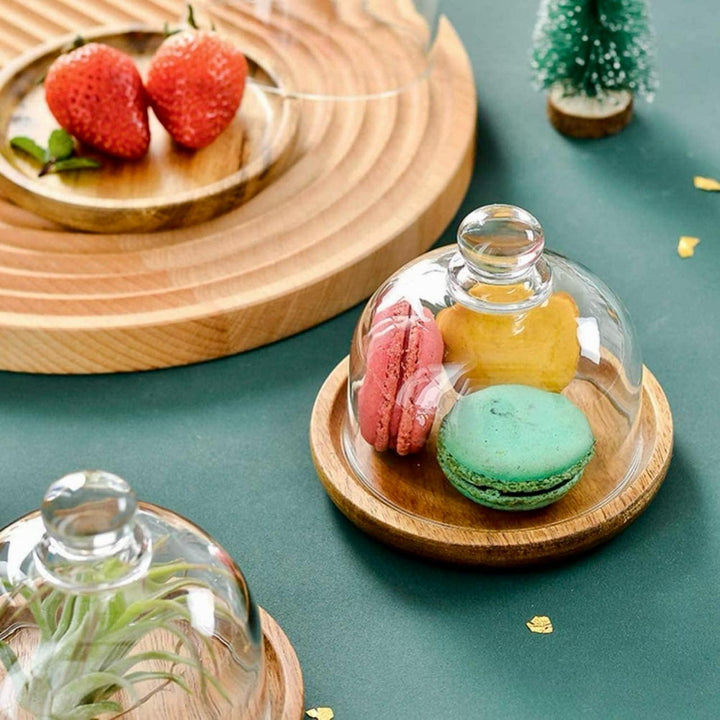 Acacia Wood Platter with Glass Dome – Wooden Base Serving Tray