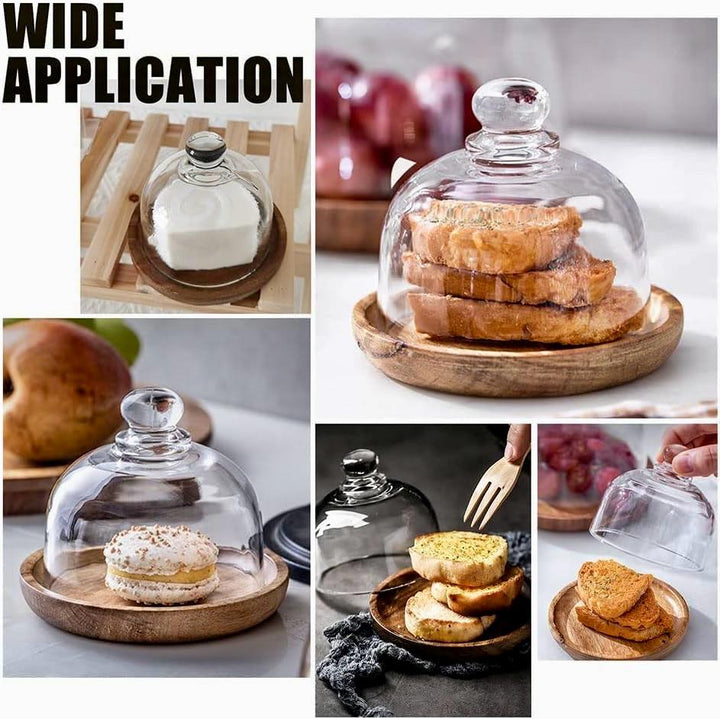 Acacia Wood Platter with Glass Dome – Wooden Base Serving Tray