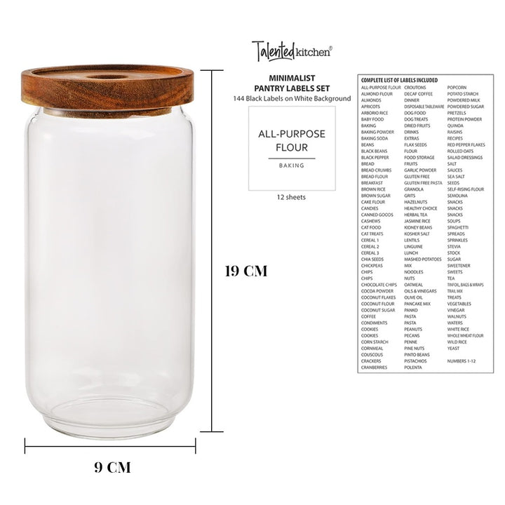 Set of 3 Glass Food Storage Jars with Acacia Wood Lids & Preprinted Pantry Labels