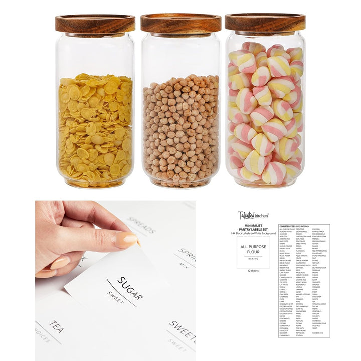 Set of 3 Glass Food Storage Jars with Acacia Wood Lids & Preprinted Pantry Labels