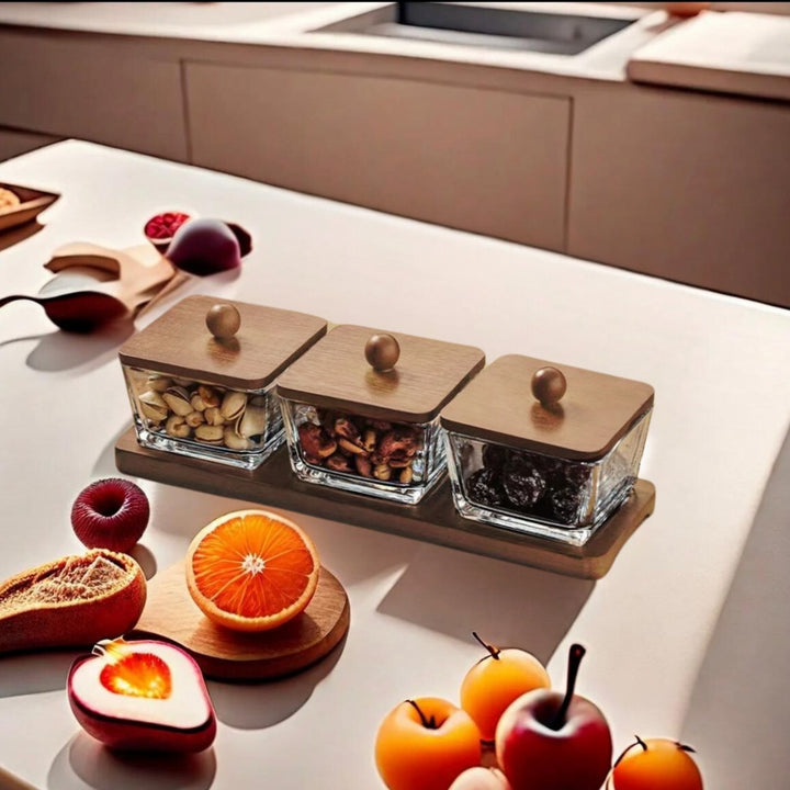 Billa 3 pc square shape condiment set with wooden tray and lid