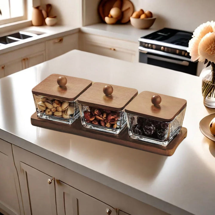 Billa 3 pc square shape condiment set with wooden tray and lid