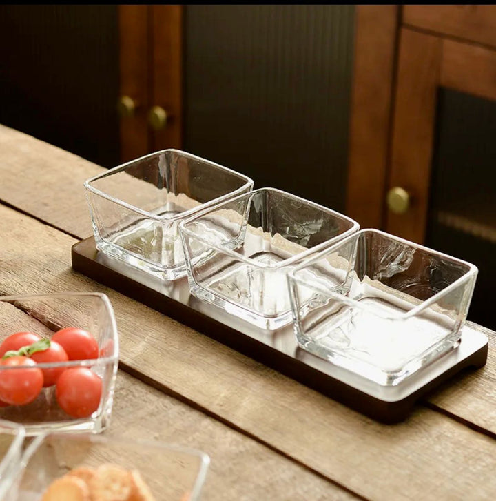 Billa 3 pc square shape condiment set with wooden tray and lid