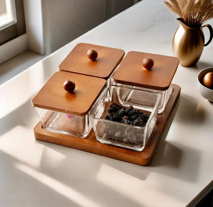 Billa 4 pc condiment set with wooden tray and lid