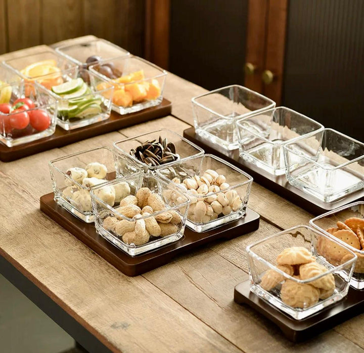 Billa 4 pc condiment set with wooden tray and lid