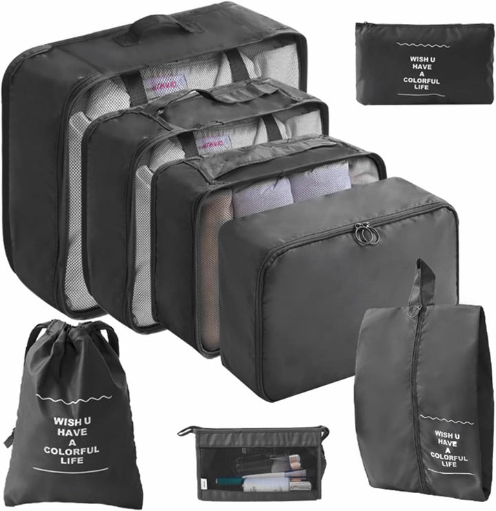8-Piece black Travel Packing Cubes Set – Waterproof Luggage Organizers