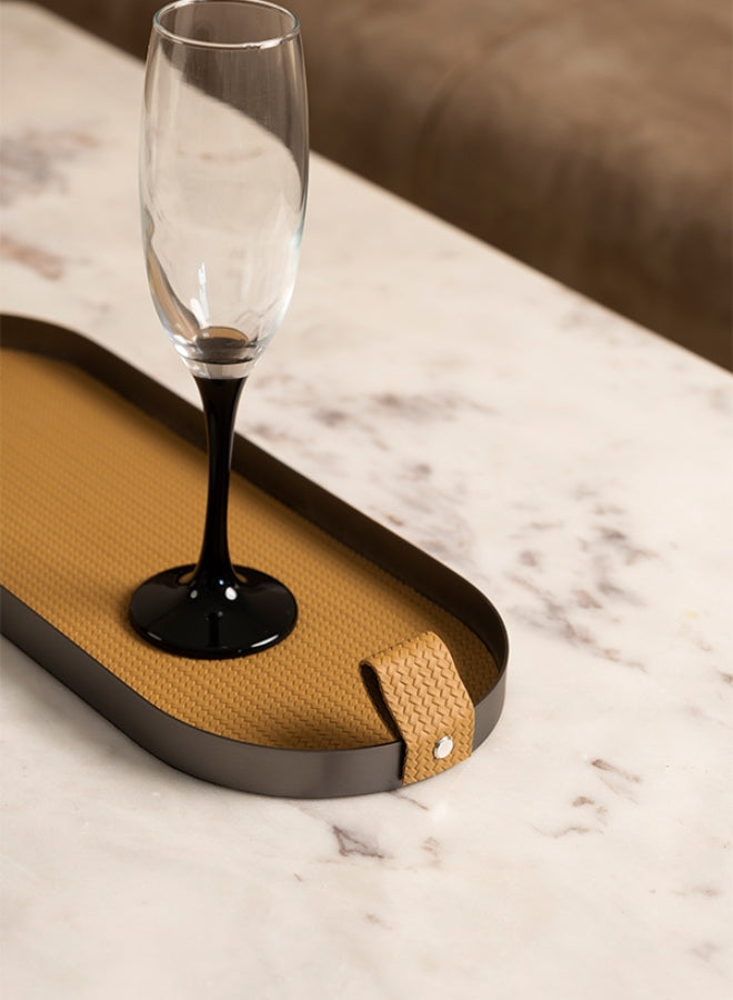 Brown Capsule Leather Tray in Brushed Steel Finish by Casa Quesera