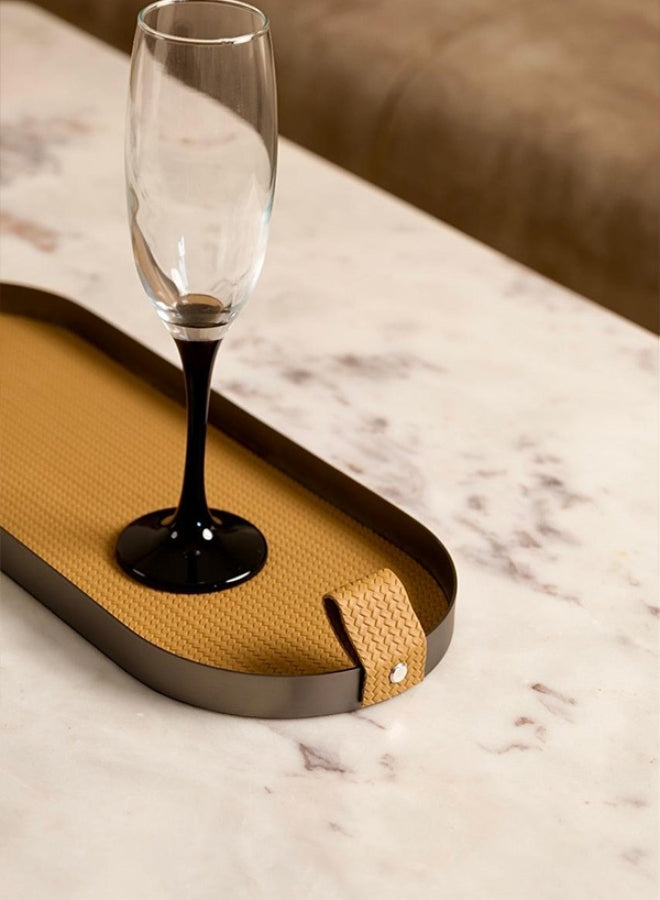 Brown Capsule Leather Tray in Brushed Steel Finish by Casa Quesera