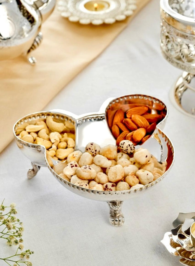 Brass and Silver plated  Triple Bowl Serving Dish with Stand