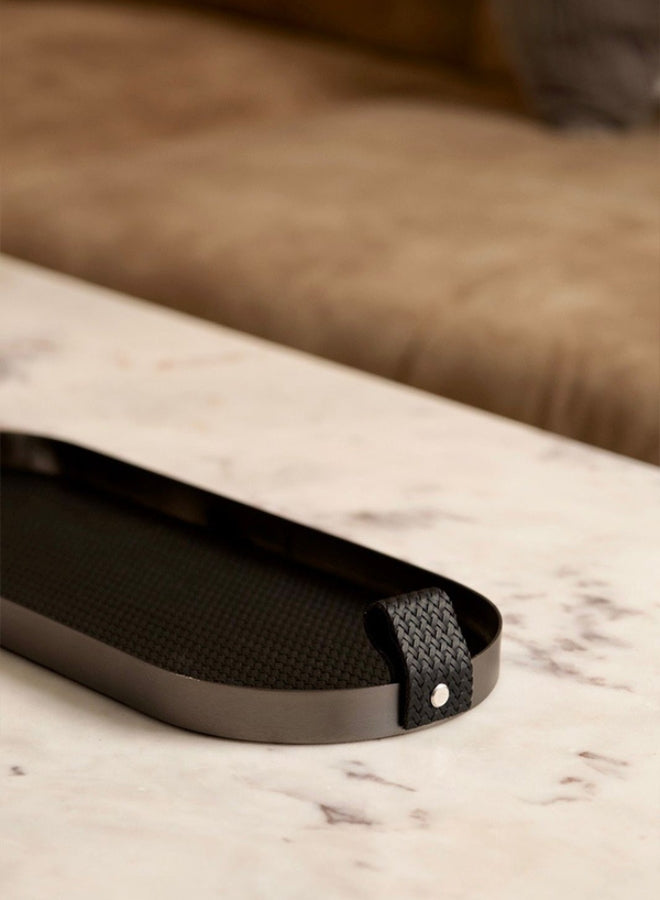 Black Capsule Leather Tray in Brushed Steel Finish by Casa Quesera