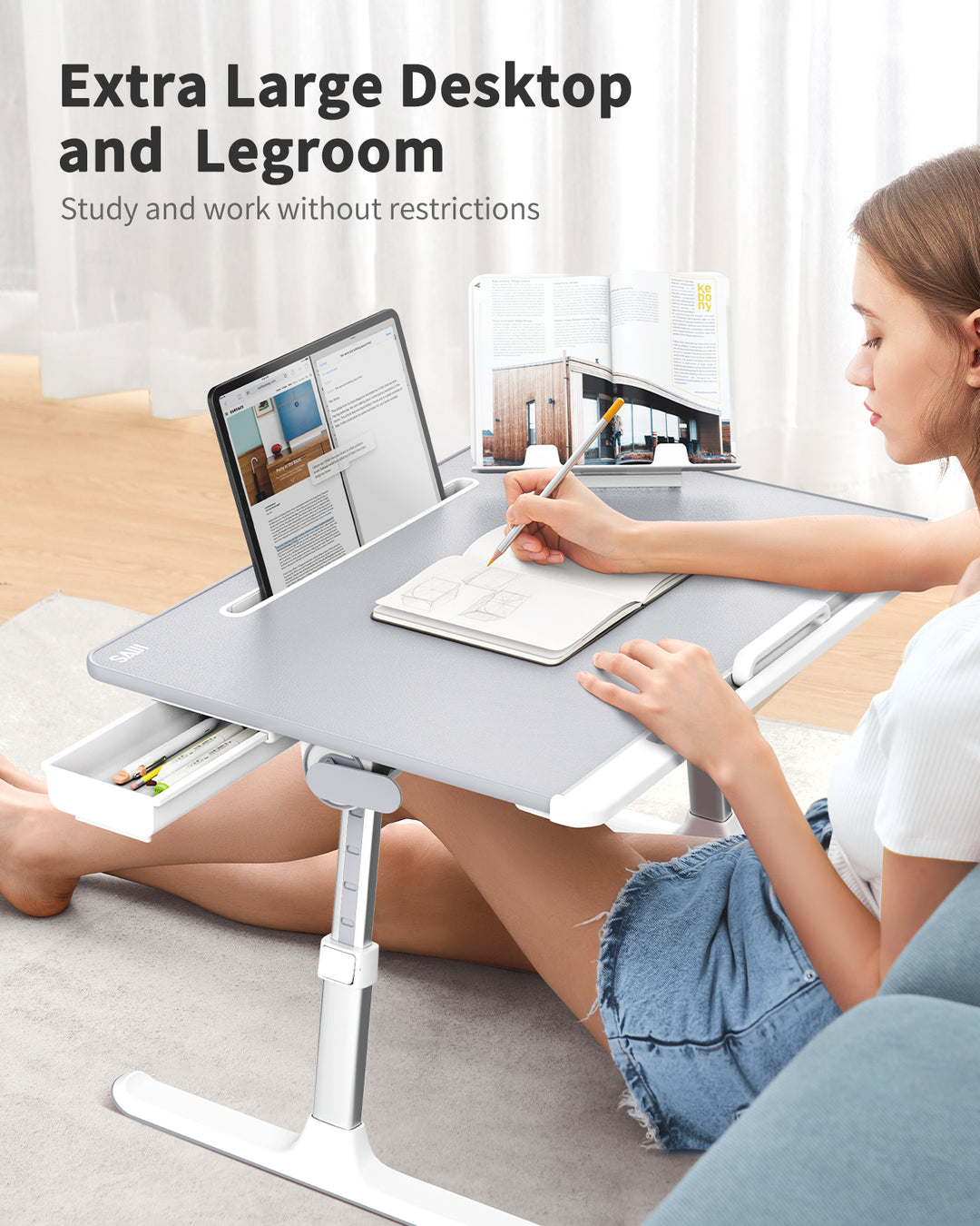 Saiji Foldable Laptop Table with Storage Drawer <br>(Grey, X-Large)