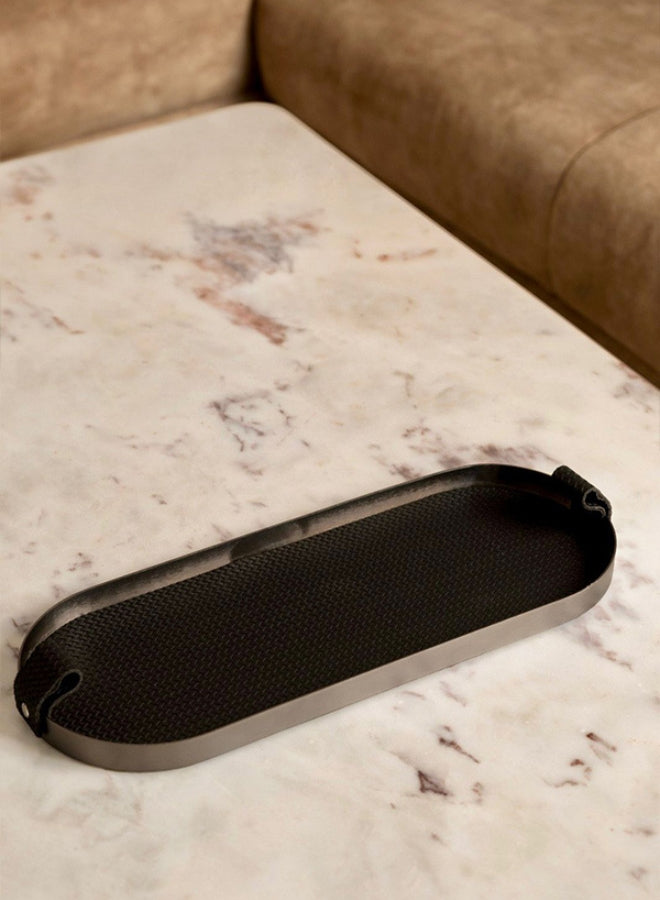 Black Capsule Leather Tray in Brushed Steel Finish by Casa Quesera