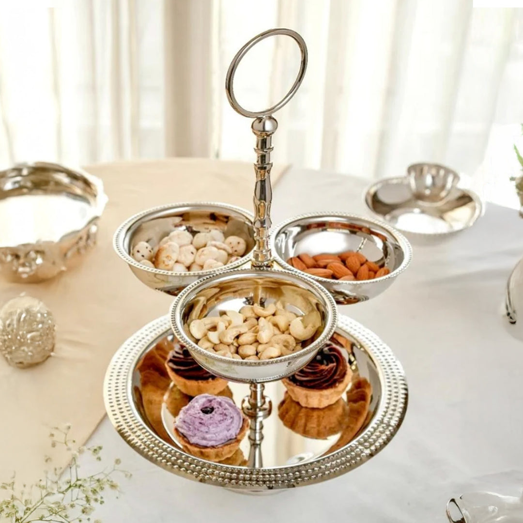 Zarif Elegant 2-Tier Silver-Plated Serving Stand with  Bowls & Plate on Brass Base