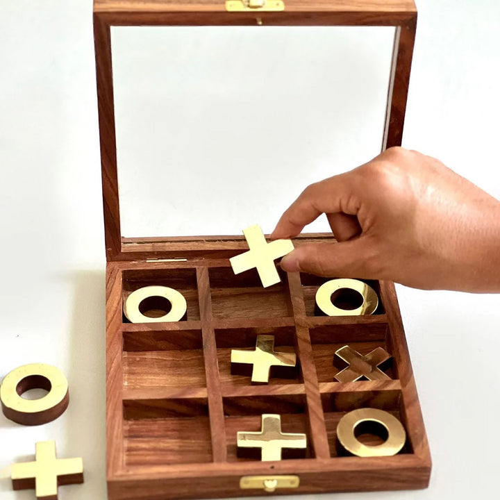 wooden tic tac toe with brass finishing