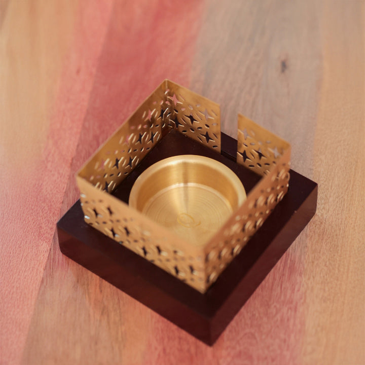 Mehraab Brass Jali Incense Burner with Solid natural Wooden Base