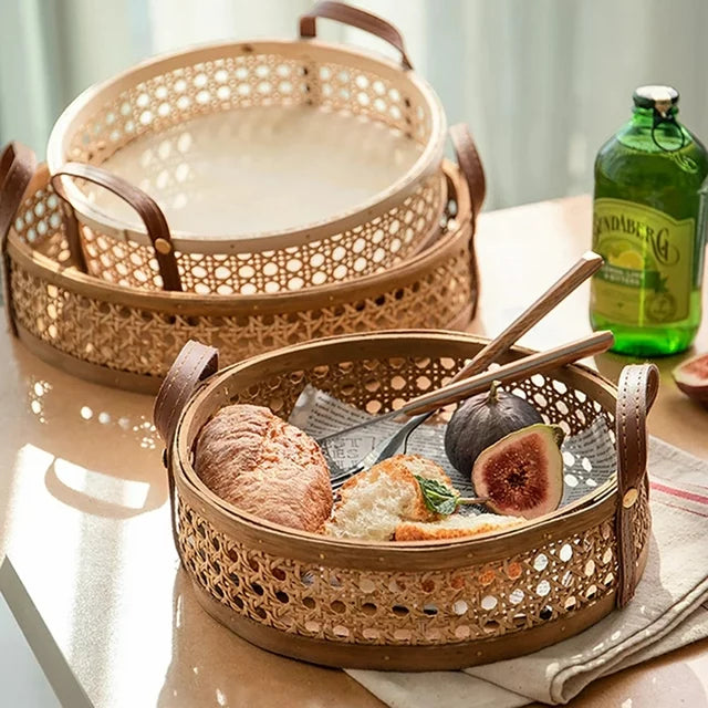 Handwoven Rattan Basket/Tray with Leather handles