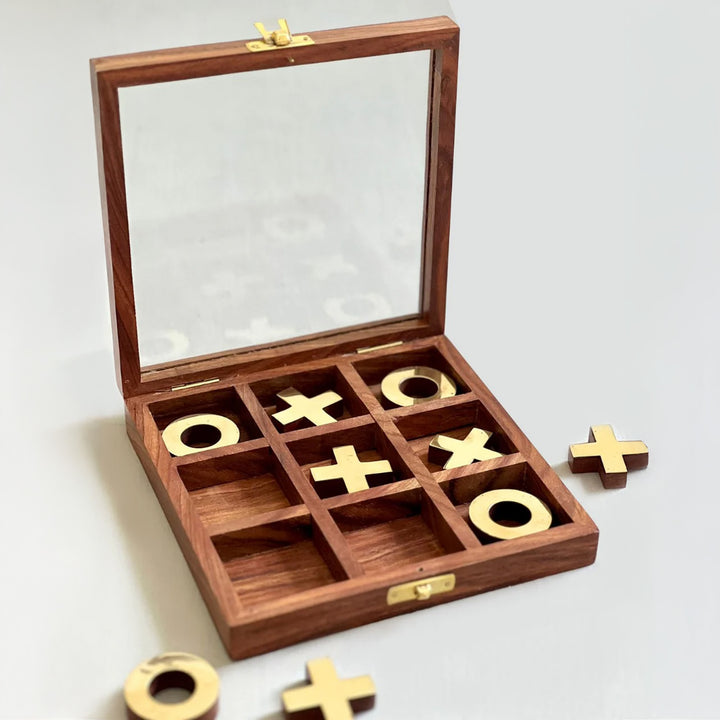 wooden tic tac toe with brass finishing