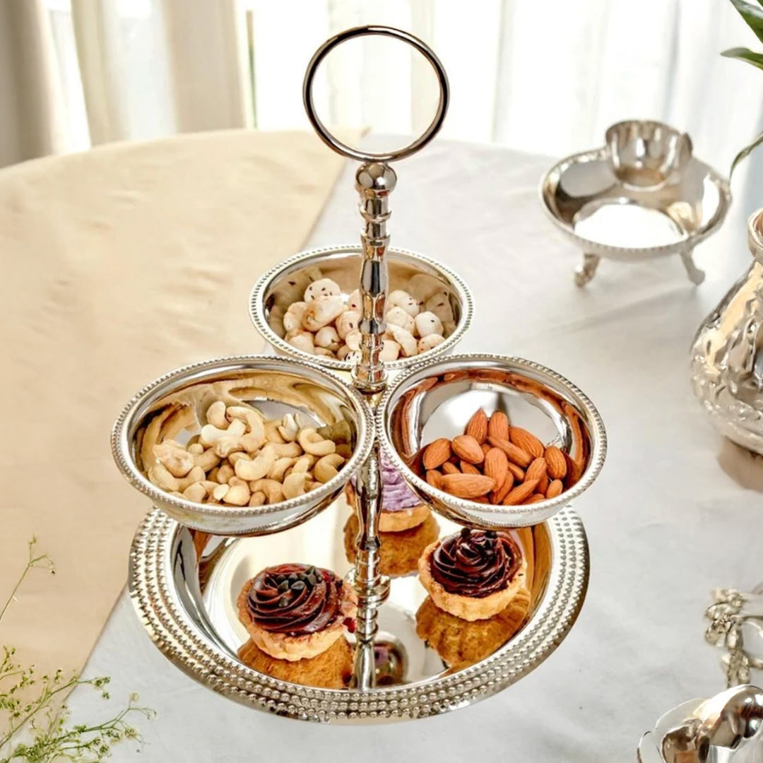 Zarif Elegant 2-Tier Silver-Plated Serving Stand with  Bowls & Plate on Brass Base