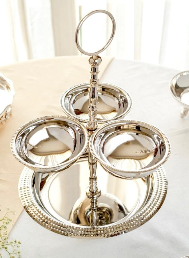 Zarif Elegant 2-Tier Silver-Plated Serving Stand with  Bowls & Plate on Brass Base