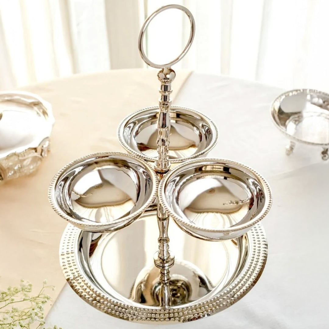Zarif Elegant 2-Tier Silver-Plated Serving Stand with  Bowls & Plate on Brass Base
