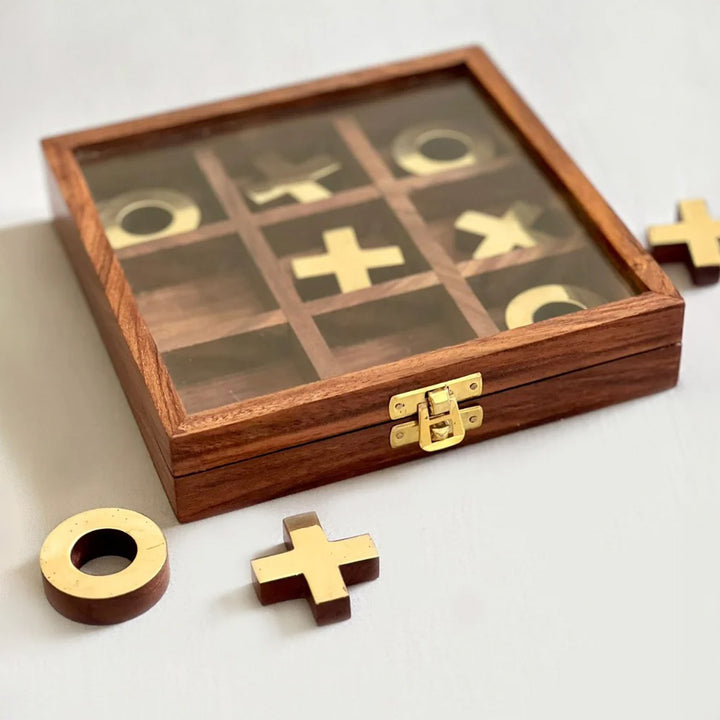 wooden tic tac toe with brass finishing
