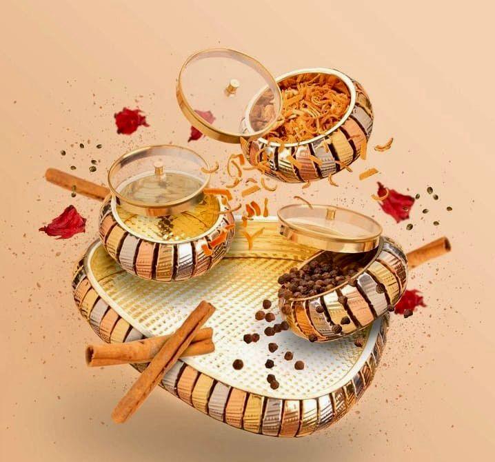 Brass Dry fruit Box with 3 bowls & tray - QUESERA OFFICIAL