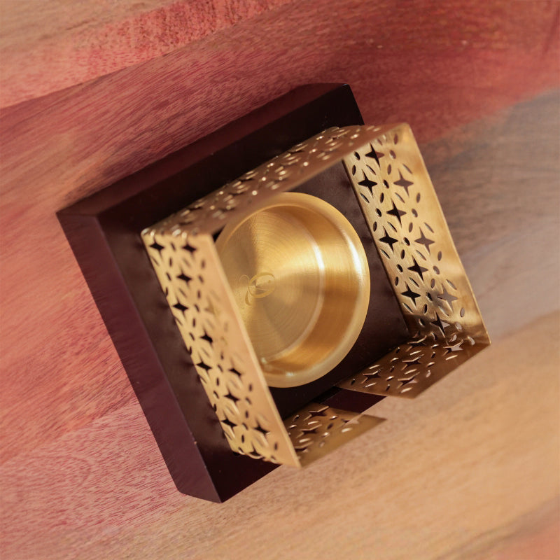 Mehraab Brass Jali Incense Burner with Solid natural Wooden Base