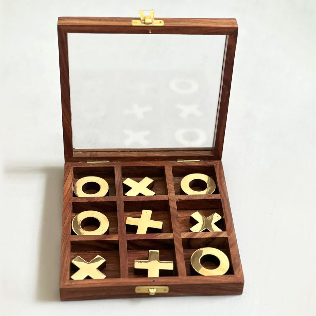 wooden tic tac toe with brass finishing