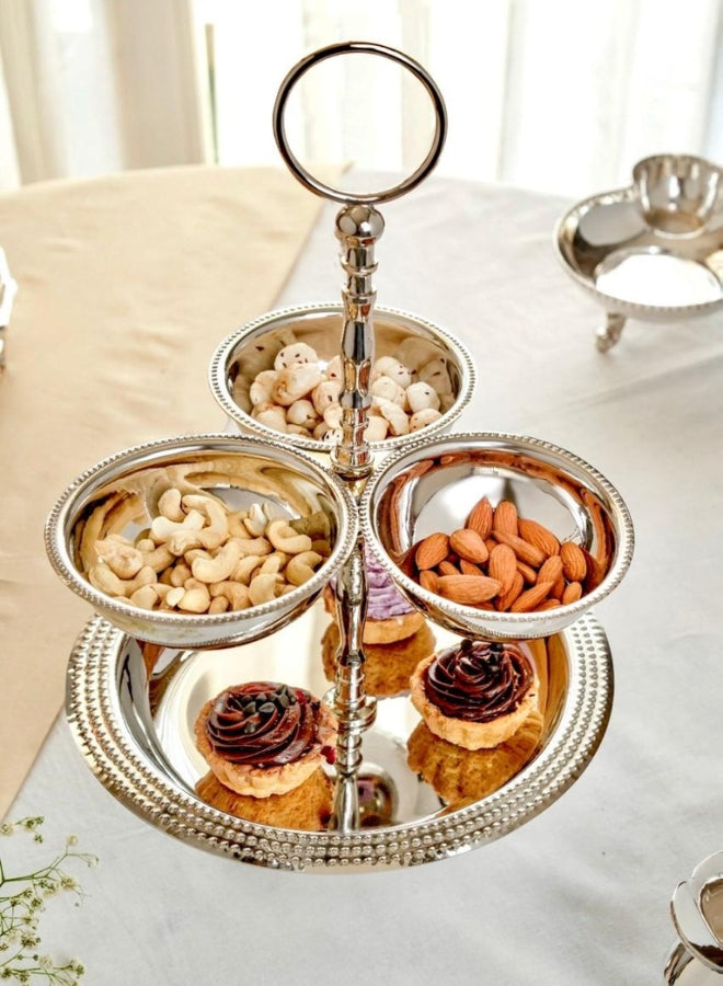 Zarif Elegant 2-Tier Silver-Plated Serving Stand with  Bowls & Plate on Brass Base