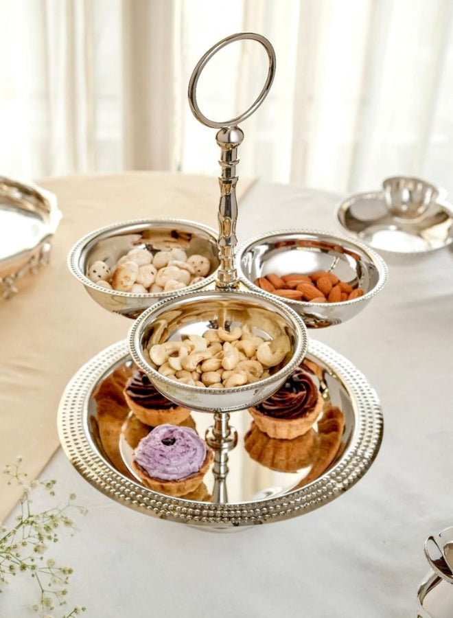 Zarif Elegant 2-Tier Silver-Plated Serving Stand with  Bowls & Plate on Brass Base
