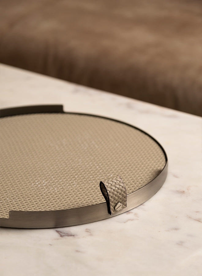 White Round Leather Tray in Brushed Steel Finish by Casa Quesera