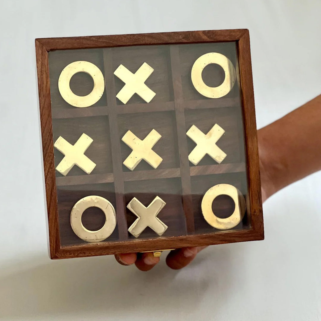 wooden tic tac toe with brass finishing