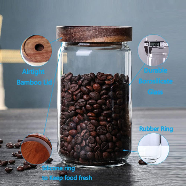 Quesera  Glass Storage Container jars set of 5 with Airtight Acacia Lid for Coffee Beans, Flour, Sugar, Rice and Spaghetti and etc WITH PREPRINTED PANTRY LABELS