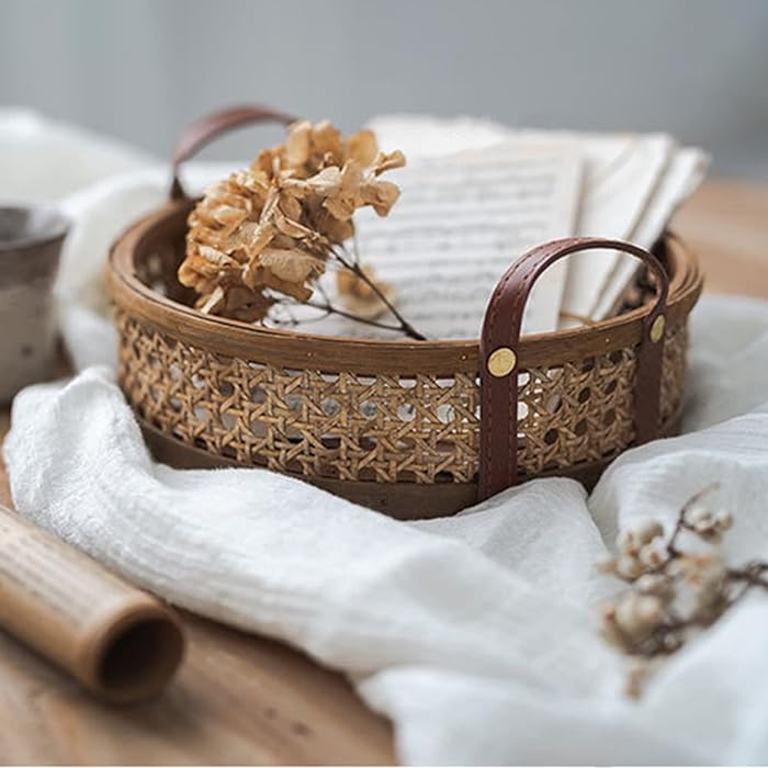 Handwoven Rattan Basket/Tray with Leather handles