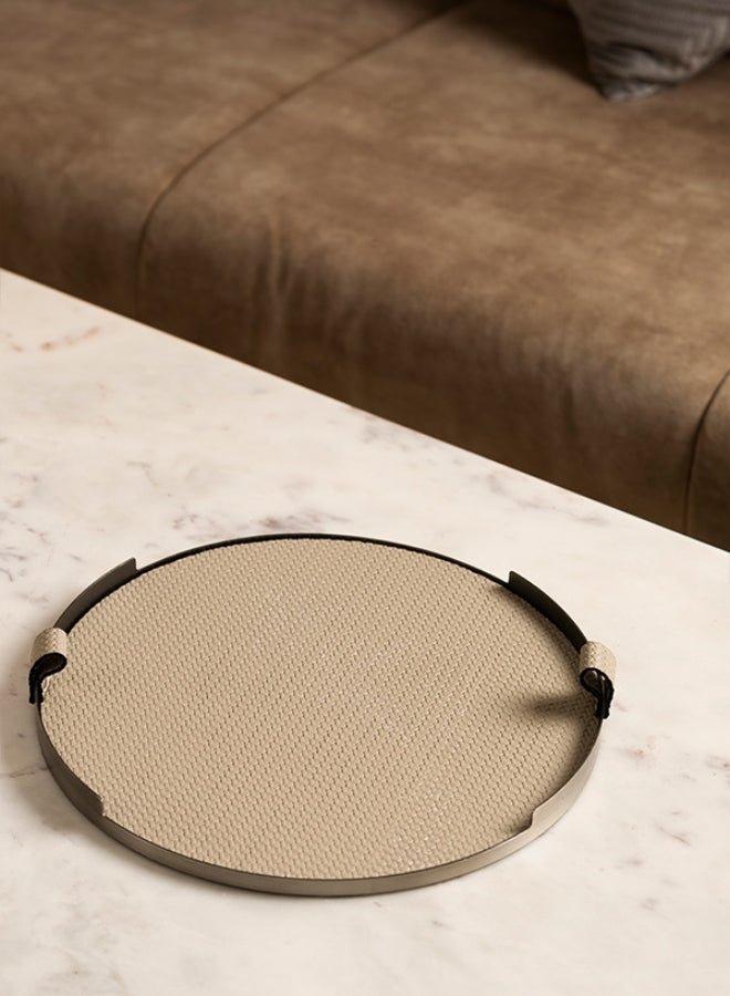 White Round Leather Tray in Brushed Steel Finish by Casa Quesera
