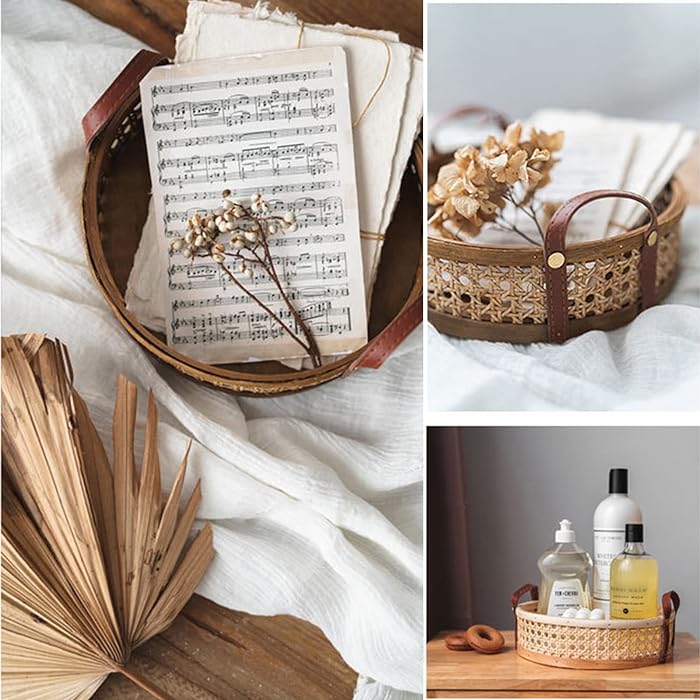 Handwoven Rattan Basket/Tray with Leather handles